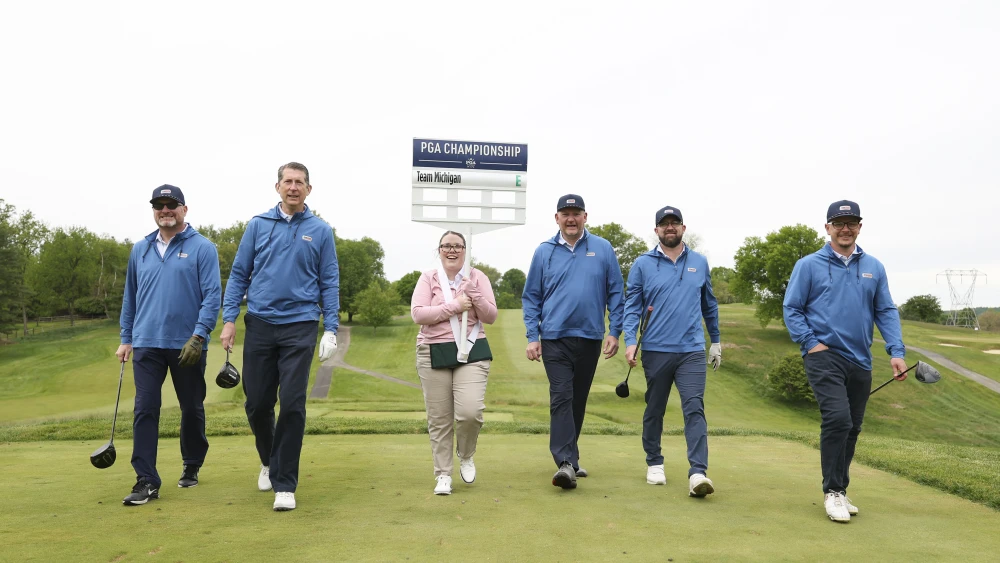 MALVERN, PA - MAY 11: The PGA HOPE Michigan team walk on the tee box during the PGA HOPE Secretary's Cup at Chester Valley Golf Club on Monday, May 11, 2026 in Malvern, Pennsylvania. (Photo by Scott Taetsch/PGA of America)