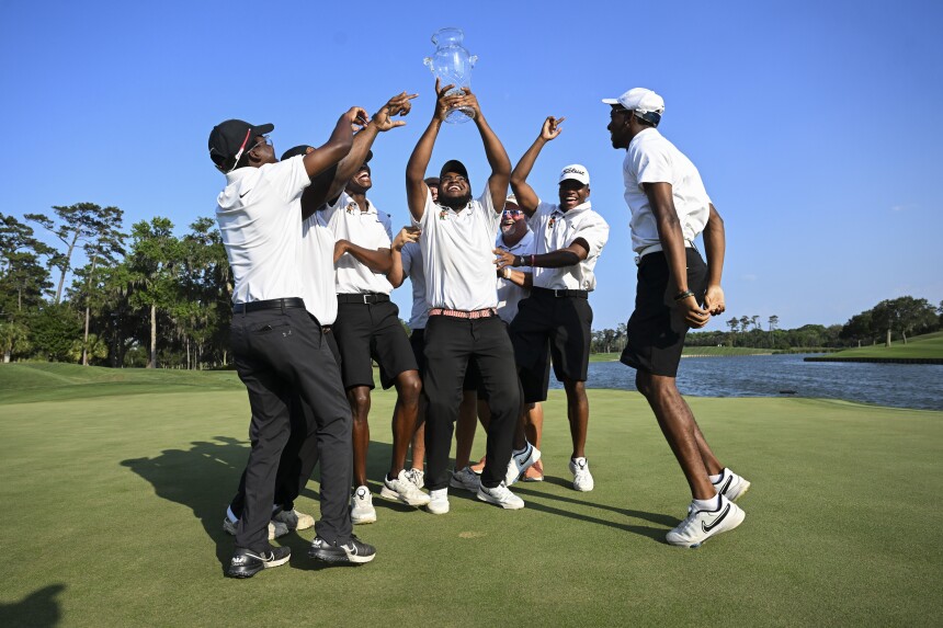 PONTE VEDRA BEACH, FL - MAY 08: Champions, Florida A&M University celebrate with their trophy during the final round of the PGA WORKS Collegiate Championship at THE PLAYER’S Stadium Course at TPC Sawgrass on Wednesday, May 8, 2024 in Ponte Vedra Beach, Florida. (Photo by Ryan Lochhead/PGA of America)