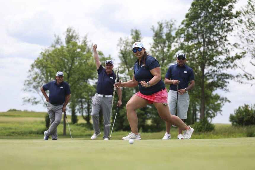 SIMPSONVILLE, KY - MAY 13: A participant reacts to a putt during the PGA HOPE Secretary's Cup at University of Louisville Golf Club on Monday, May 13, 2024 in Simpsonville, Kentucky. (Photo by Scott Taetsch/PGA of America)